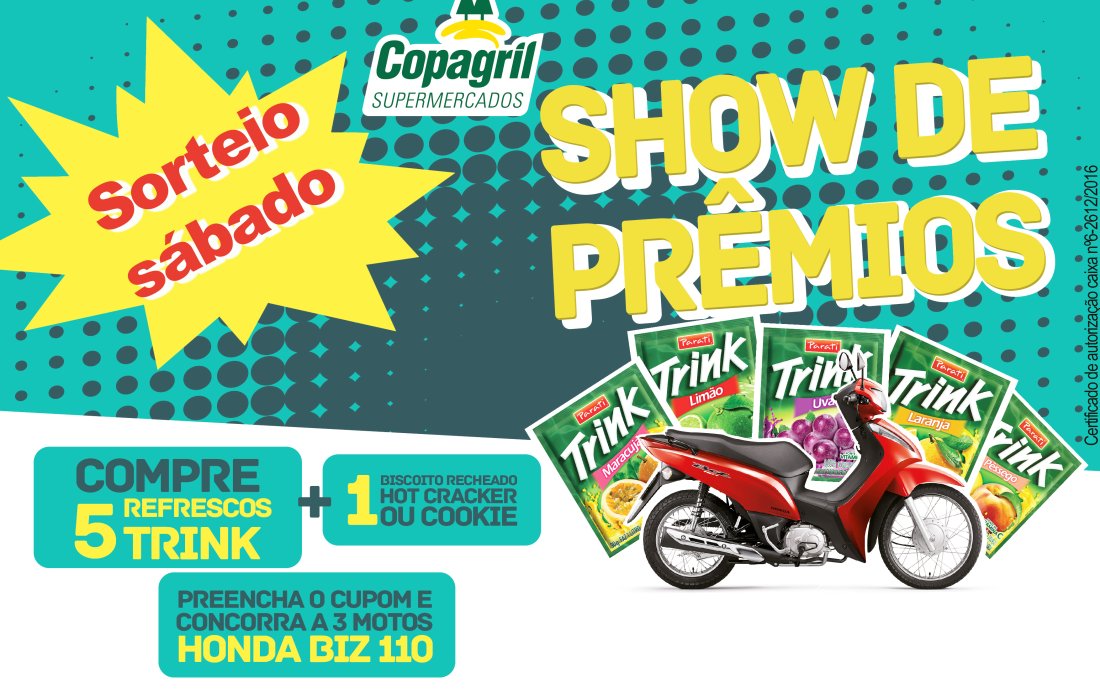 Supermercados Copagril v&atilde;o sortear tr&ecirc;s motos neste s&aacute;bado