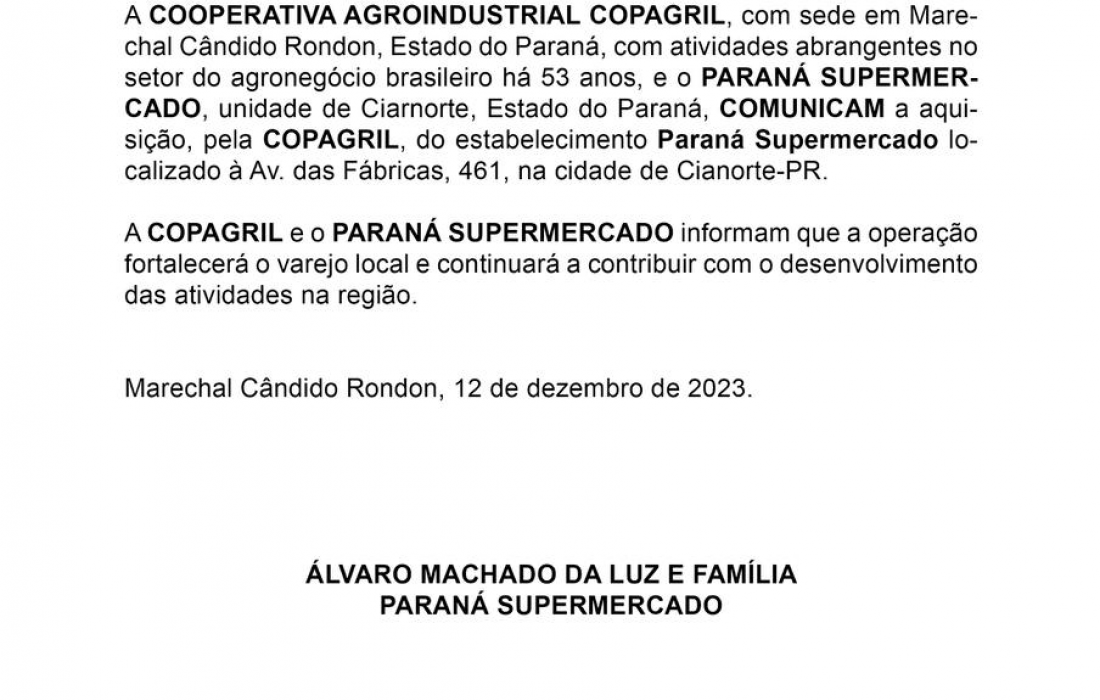 Copagril anuncia compra de supermercado na cidade de Cianorte-PR