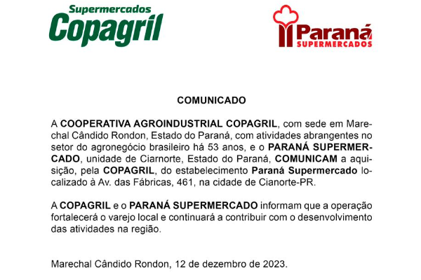 Copagril anuncia compra de supermercado na cidade de Cianorte-PR