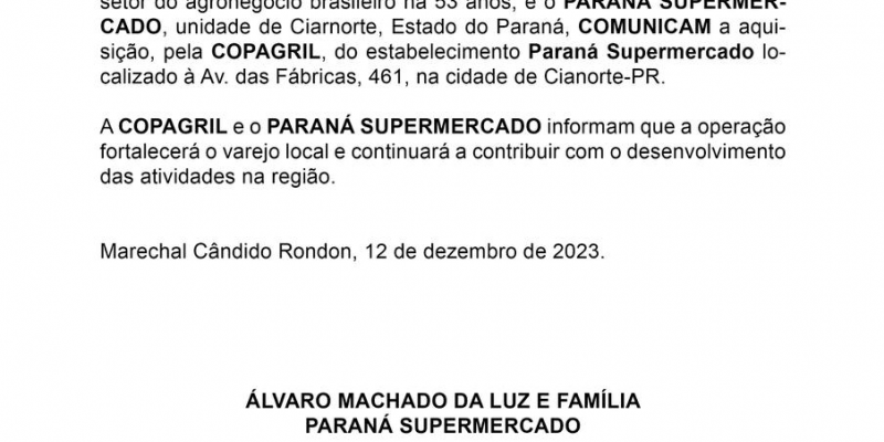 Copagril anuncia compra de supermercado na cidade de Cianorte-PR