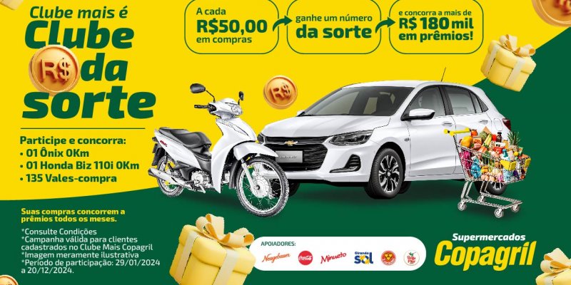 Supermercados Copagril sortear&atilde;o um carro e mais 136 pr&ecirc;mios na nova campanha do Clube Mais